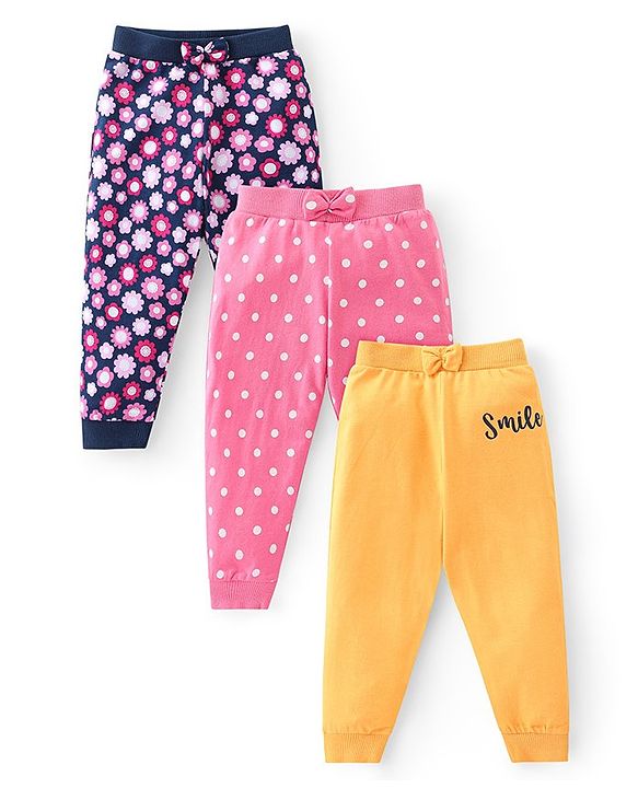 Babyhug Cotton Knit Full Length Lounge Pants with Floral & Polka Dots Print Pack of 3 - Multicolour