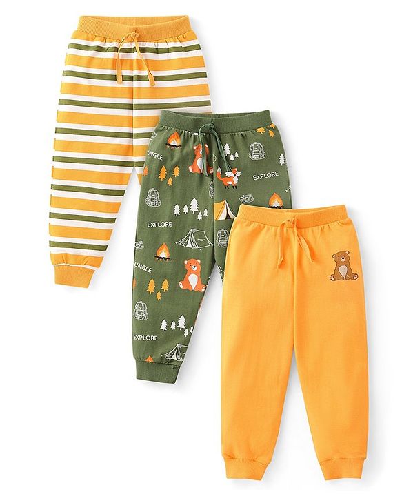 Babyhug Cotton Knit Full Length Striped Lounge Pants Wild Animal Print Pack of 3 - Multicolour