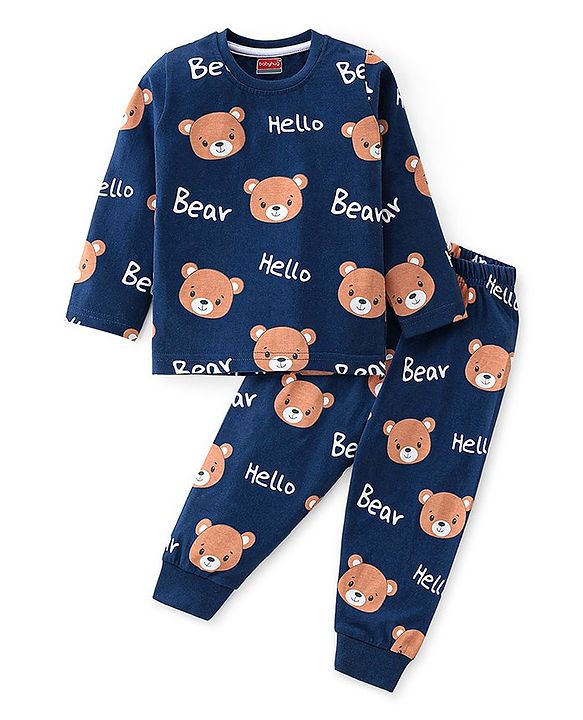 Babyhug Single Jersey Knit Full Sleeves Teddy Printed Night Suit - Navy Blue