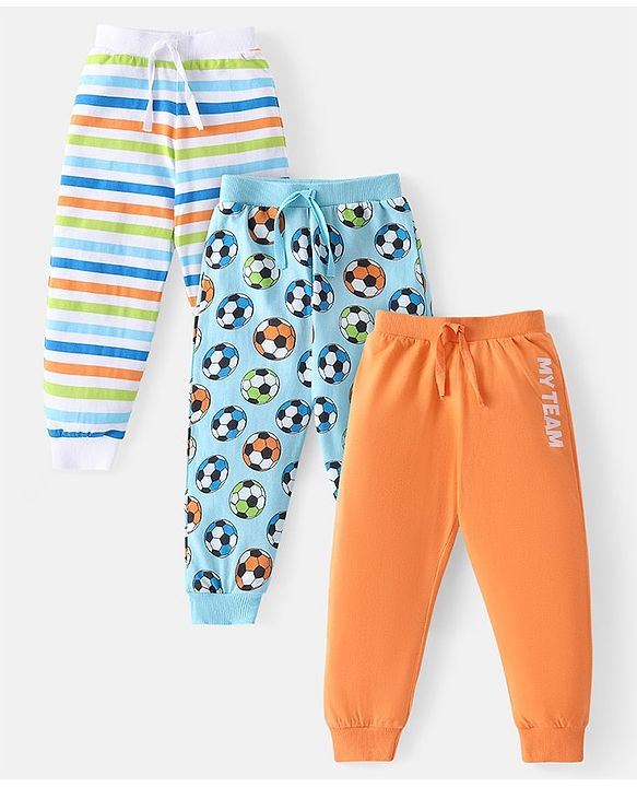 Babyhug Cotton Knit Full Length Striped Lounge Pants with Football Print Pack of 3 - Multicolour
