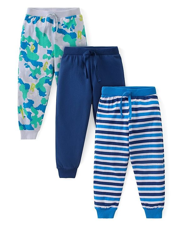 Babyhug Cotton Knit Full Length Striped & Camouflage Print  Lounge Pants Pack of 3 - Multicolour