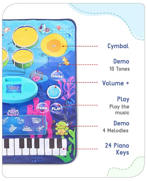 Babyhug 9-in-1 Musical Playmat with Piano, Drum & AUX Support|Sensory & Auditory Stimulation|24 Keys, 8 Instruments, 10 Demos|Easy-to-Clean, Gift-Ready|3+ Years|BIS Certified|L*B: 90x70 cm