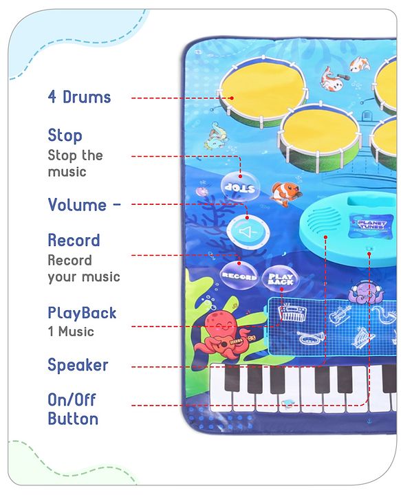 Babyhug 9-in-1 Musical Playmat with Piano, Drum & AUX Support|Sensory & Auditory Stimulation|24 Keys, 8 Instruments, 10 Demos|Easy-to-Clean, Gift-Ready|3+ Years|BIS Certified|L*B: 90x70 cm
