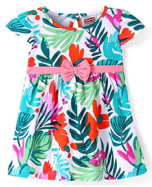 Babyhug Single Jersey Knit Half Sleeves Frock with Floral & Leafy Print with Bow Applique - White