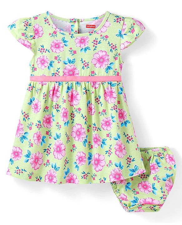 Babyhug Cotton Knit Half Sleeves Bow Detailing Floral Printed Frock with Bloomer - Lime Green