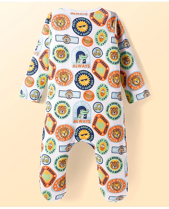 Babyhug Cotton Knit Full Sleeves Striped Sleepsuit With Animal Print Pack Of 2 - Multicolor