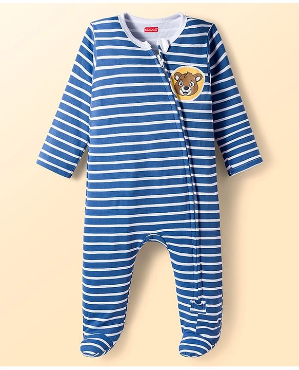Babyhug Cotton Knit Full Sleeves Striped Sleepsuit With Animal Print Pack Of 2 - Multicolor