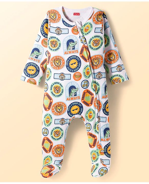Babyhug Cotton Knit Full Sleeves Striped Sleepsuit With Animal Print Pack Of 2 - Multicolor