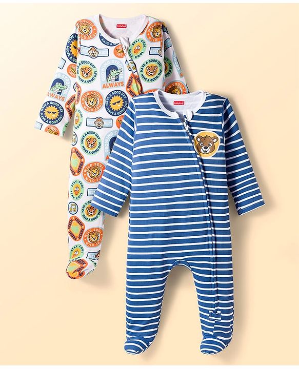 Babyhug Cotton Knit Full Sleeves Striped Sleepsuit With Animal Print Pack Of 2 - Multicolor