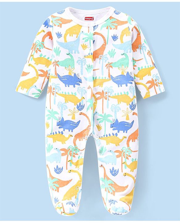 Babyhug Cotton Full Sleeves Sleepsuit With Dinosaur Print And Stripes Pack of 2 - Multicolor
