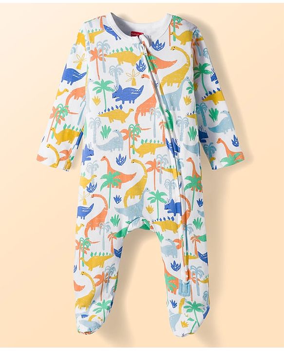 Babyhug Cotton Full Sleeves Sleepsuit With Dinosaur Print And Stripes Pack of 2 - Multicolor
