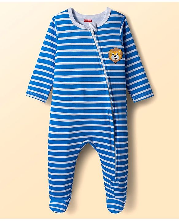 Babyhug Cotton Knit Full Sleeves Striped Sleepsuit With Animal Print Pack Of 2 - Multicolor