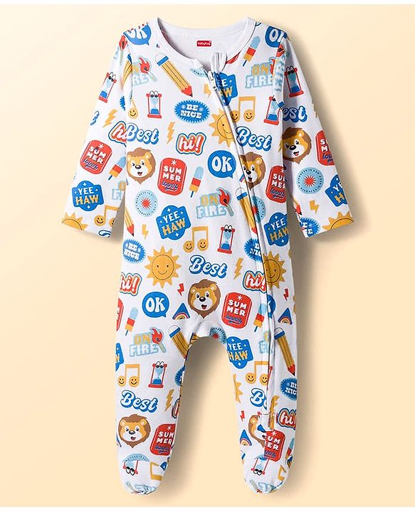 Babyhug Cotton Knit Full Sleeves Striped Sleepsuit With Animal Print Pack Of 2 - Multicolor