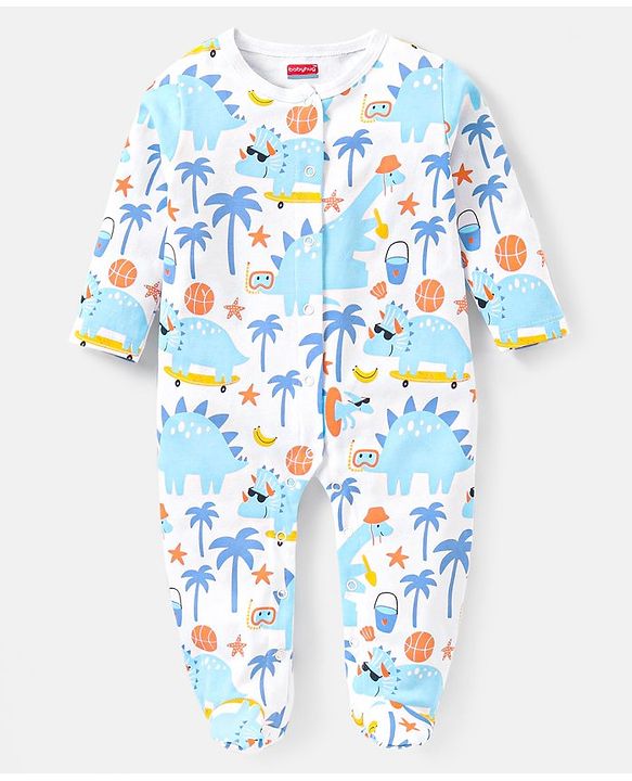 Babyhug Cotton Knit Full Sleeves Sleepsuit With Dinosaur Print  - White