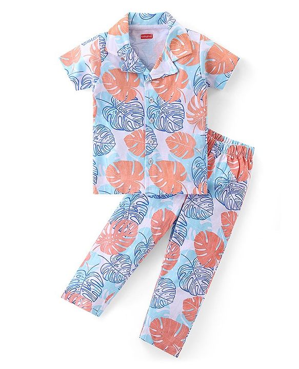Babyhug Cotton Knit Half Sleeves Night Suit With Leaf Print - Multicolor