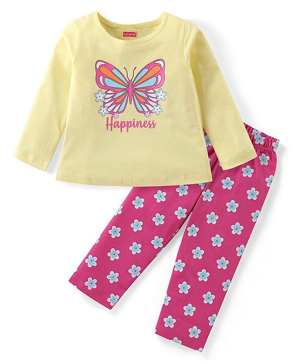 Babyhug Cotton Knit Full Sleeves Butterfly & Floral Print Night Suit - Yellow & Pink