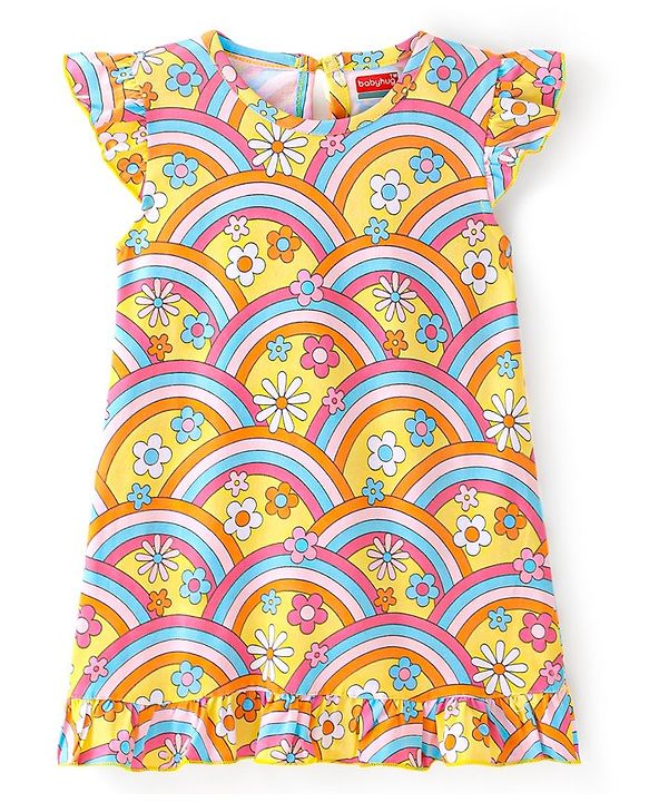 Babyhug Cotton Flutter Sleeves Nighty With Floral Print - Yellow
