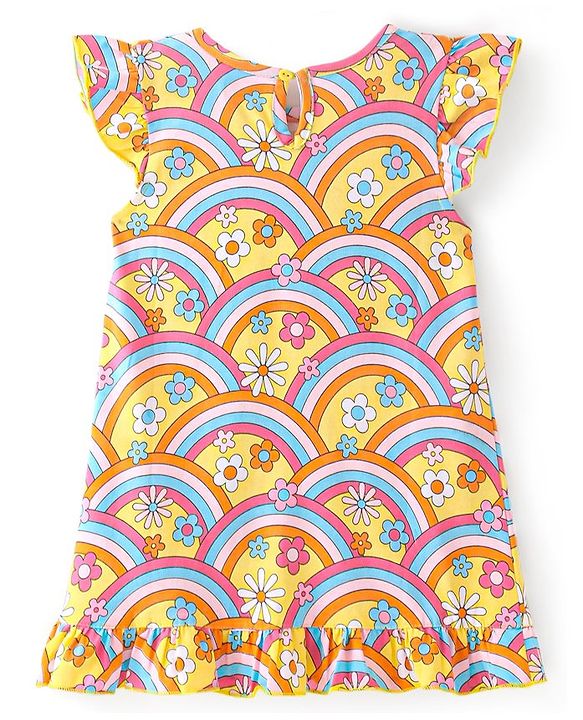 Babyhug Cotton Flutter Sleeves Nighty With Floral Print - Yellow