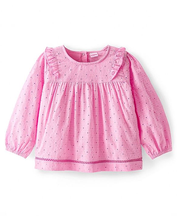Babyhug  Rayon Woven Full Sleeves  Schiffli Top With Frill Detailing & Floral Design - Pink