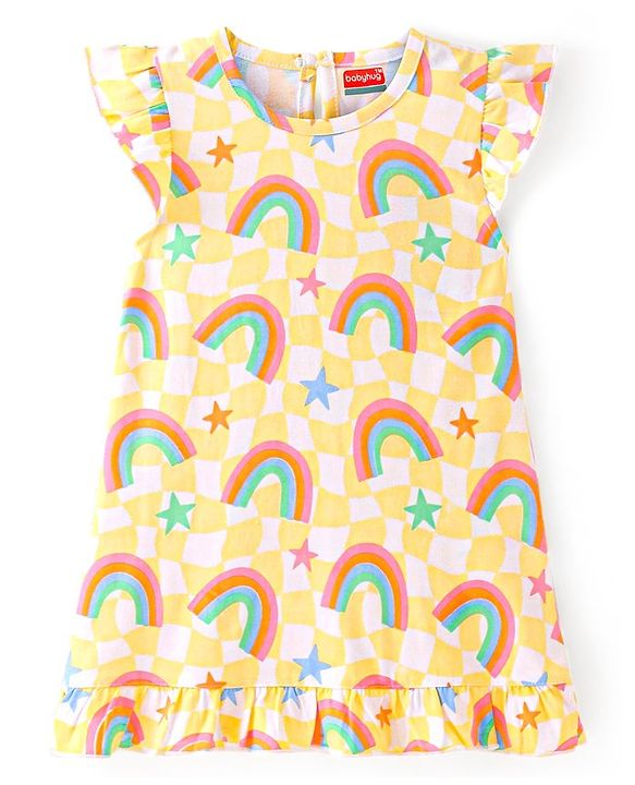 Babyhug Cotton Flutter Sleeves Nighty With Rainbow Print - Yellow