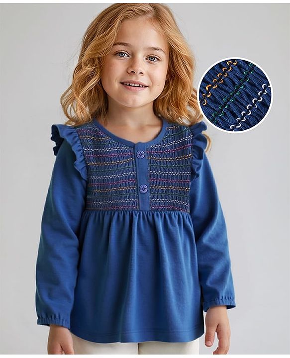 Babyhug Cotton Knit Full Sleeves Top with Smocking Detailing - Navy Blue