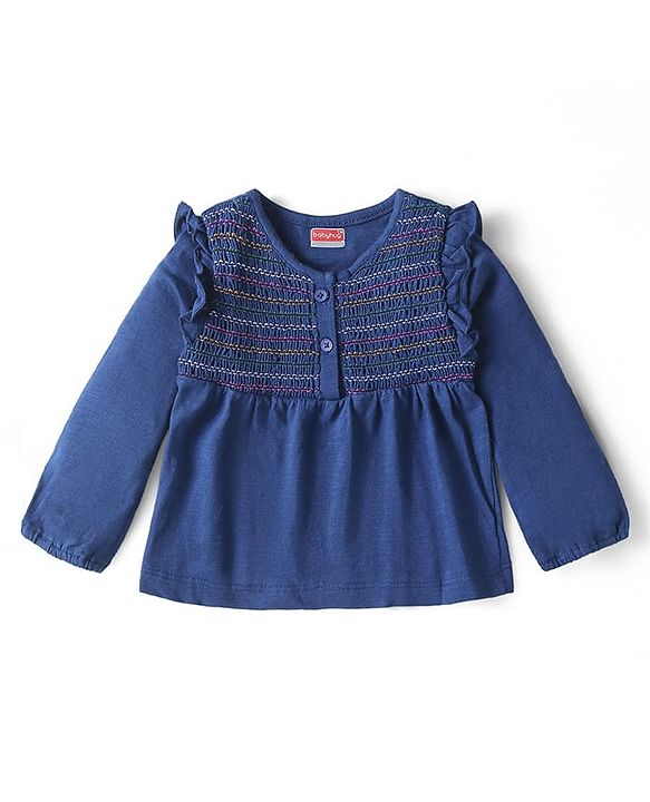 Babyhug Cotton Knit Full Sleeves Top with Smocking Detailing - Navy Blue