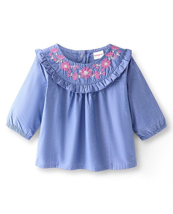 Babyhug Rayon Knit Three Fourth Sleeve Top with Floral Embroidery- Blue