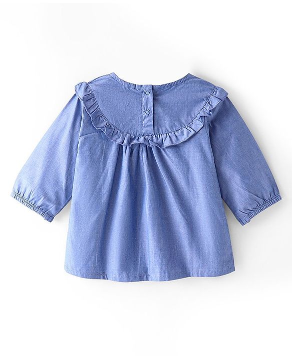 Babyhug Rayon Knit Three Fourth Sleeve Top with Floral Embroidery- Blue