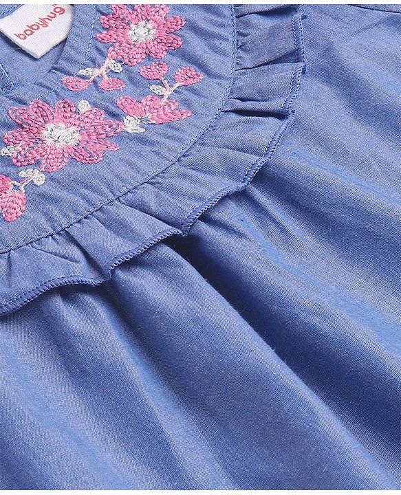 Babyhug Rayon Knit Three Fourth Sleeve Top with Floral Embroidery- Blue