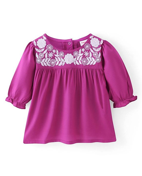 Babyhug Rayon Three Fourth Sleeves A Line Top with Floral Embroidery - Dark Pink