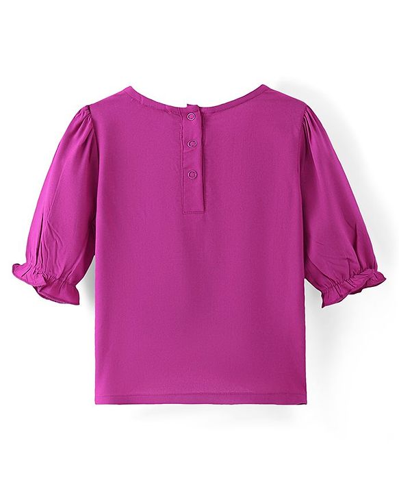 Babyhug Rayon Three Fourth Sleeves A Line Top with Floral Embroidery - Dark Pink