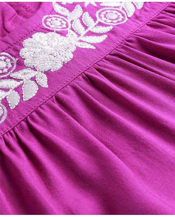 Babyhug Rayon Three Fourth Sleeves A Line Top with Floral Embroidery - Dark Pink