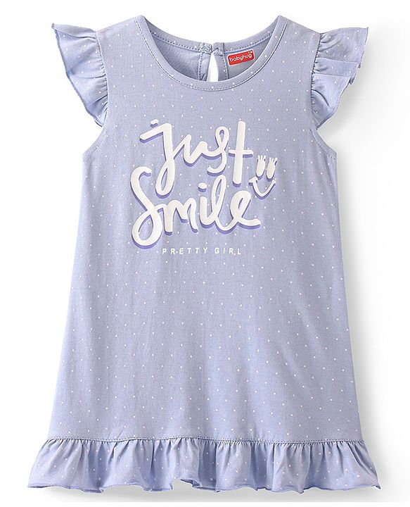 Babyhug Cotton Knit Flutter Sleeves Nighty With Text Print - Blue