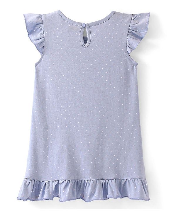 Babyhug Cotton Knit Flutter Sleeves Nighty With Text Print - Blue