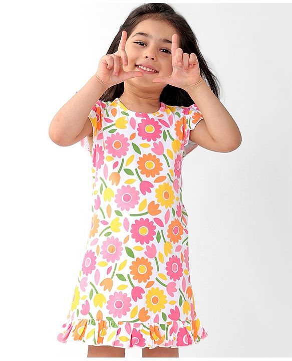 Babyhug Cotton Flutter Sleeves Nighty With Floral Print - Multi Color