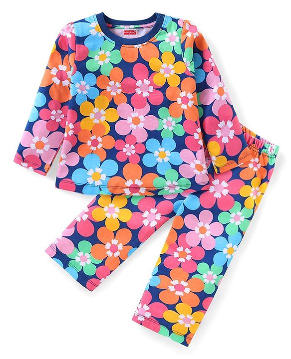 Babyhug Cotton Knit Full Sleeves Night Suit Floral Print - Blue