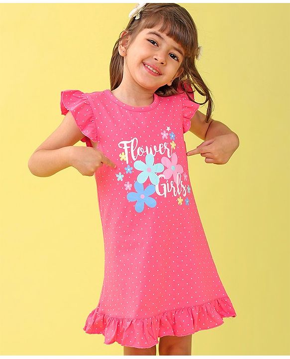 Babyhug Cotton Flutter Sleeves Nighty With Floral Print - Pink