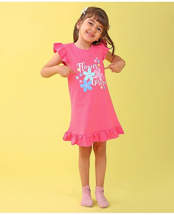 Babyhug Cotton Flutter Sleeves Nighty With Floral Print - Pink