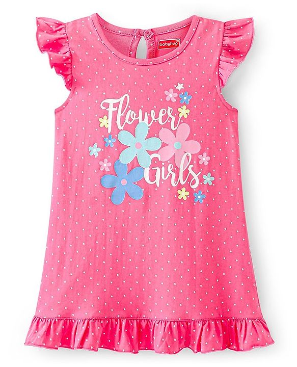 Babyhug Cotton Flutter Sleeves Nighty With Floral Print - Pink