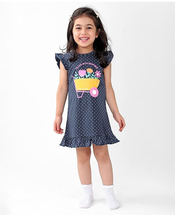 Babyhug Cotton Flutter Sleeves Nighty With Floral Print - Navy Blue