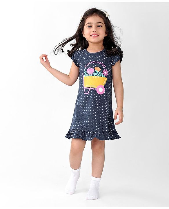 Babyhug Cotton Flutter Sleeves Nighty With Floral Print - Navy Blue