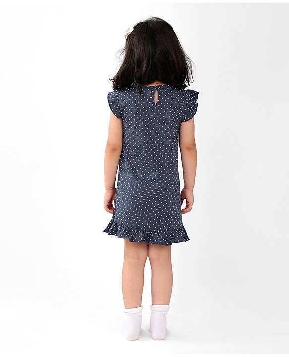 Babyhug Cotton Flutter Sleeves Nighty With Floral Print - Navy Blue