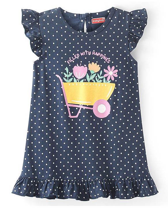 Babyhug Cotton Flutter Sleeves Nighty With Floral Print - Navy Blue