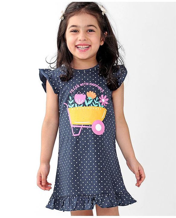 Babyhug Cotton Flutter Sleeves Nighty With Floral Print - Navy Blue