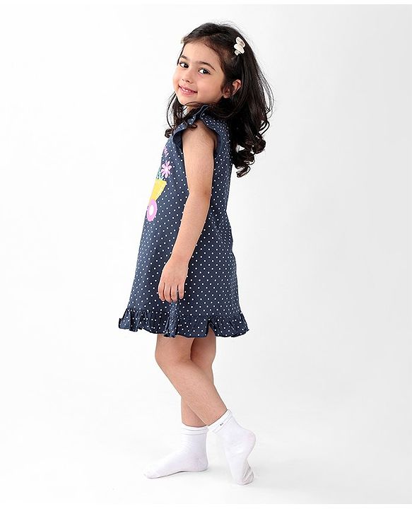Babyhug Cotton Flutter Sleeves Nighty With Floral Print - Navy Blue