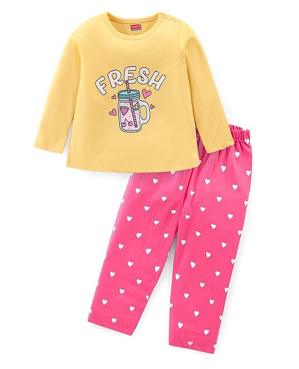 Babyhug Cotton Knit Full Sleeves Night Suit with Text & Hearts Print - Yellow & Pink