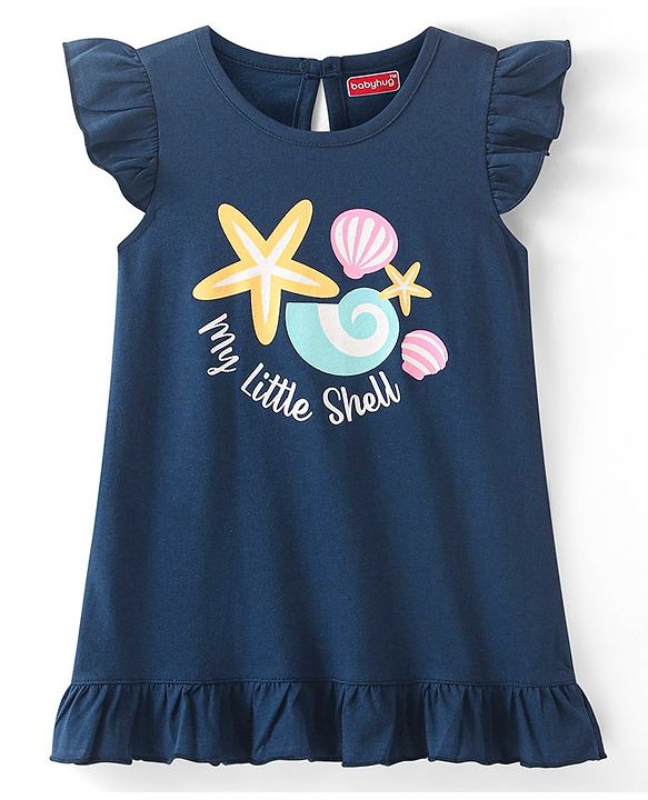 Babyhug Cotton Flutter Sleeves Nighty With Beach Print - Navy Blue