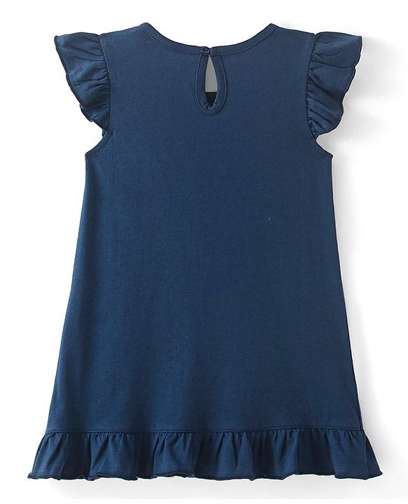 Babyhug Cotton Flutter Sleeves Nighty With Beach Print - Navy Blue