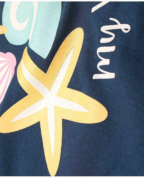 Babyhug Cotton Flutter Sleeves Nighty With Beach Print - Navy Blue