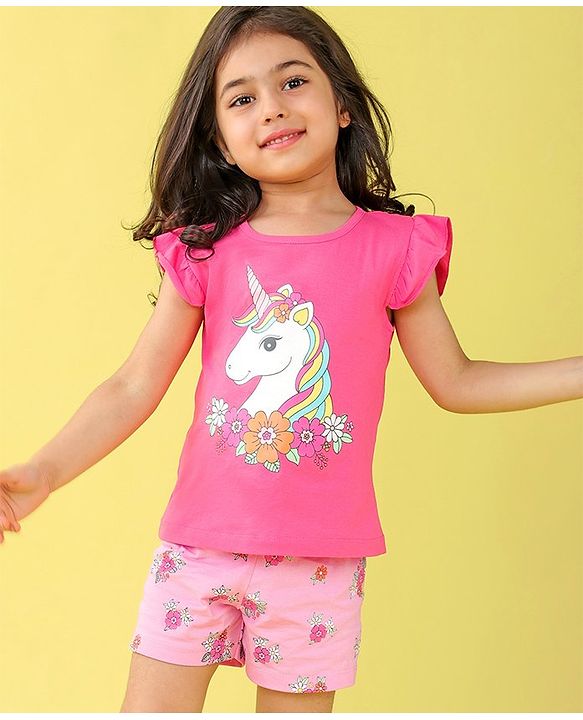 Babyhug Cotton Flutter Sleeves Night Suit With Unicorn And Floral  Print - Pink